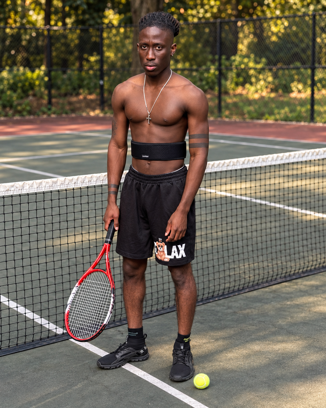 Alex wearing the LexAlign belt on a tennis court — edited lifestyle image